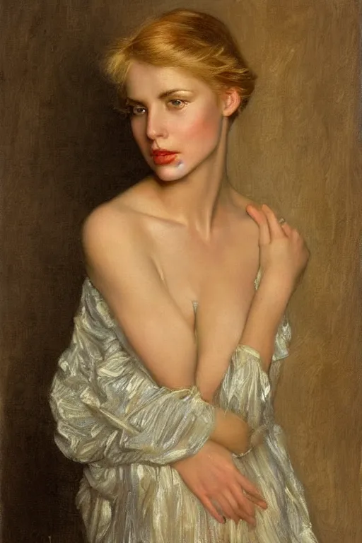 Image similar to portrait of a young beautiful woman with blond short-hair and grey eyes who works as an architect artwork by Edward Robert Hughes, Henry Justice Ford