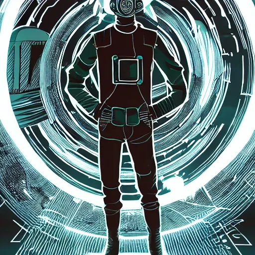 Image similar to in the style of max prentis and deathburger and laurie greasley a young man wearing a cyberpunk headpiece who is standing in front of a large circular ancient glowing portal, highly detailed, 8 k wallpaper