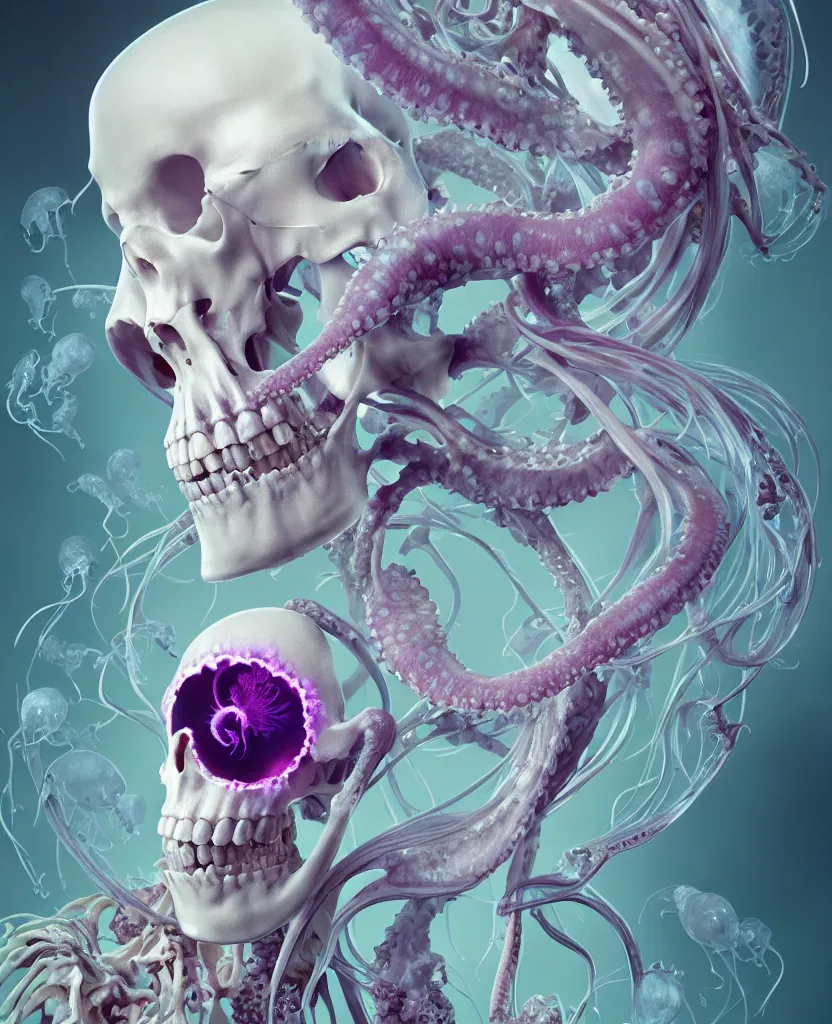 Image similar to absolute symmetry!! goddess close - up portrait human skeleton, ram skull, squid phoenix jellyfish, orchid, betta fish, bioluminiscent, intricate artwork by tooth wu and wlop and beeple. octane render, trending on artstation, greg rutkowski very coherent symmetrical artwork. cinematic, hyper realism, high detail, octane render, 8 k