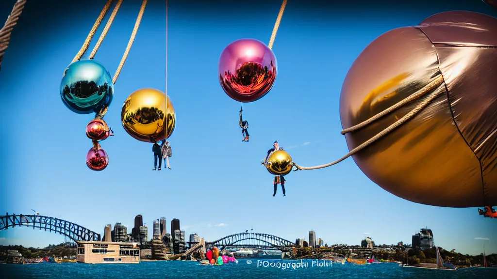 Image similar to large colorful futuristic space age metallic steampunk balloons with pipework and electrical wiring around the outside, and people on rope swings underneath, flying high over the beautiful sydney city landscape, professional photography, 8 0 mm telephoto lens, realistic, detailed, photorealistic, photojournalism