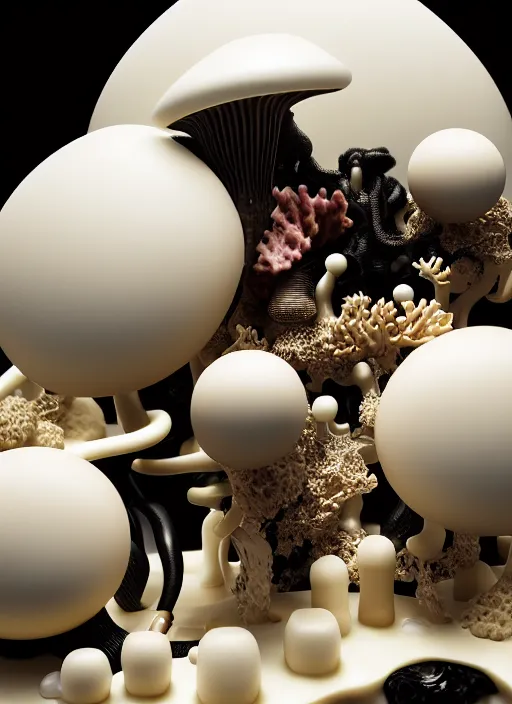 Image similar to perfume bottle surrounded sitting on a biomechanical black corals table made of corals, mushrooms, puffballs, rhizomorphs in an ivory room well contoured smooth fair walls, up close shot, sharp focus, global illumination, radiant light, alexandre ferra white mecha, irakli nadar, octane highly render, 4 k, ultra hd,