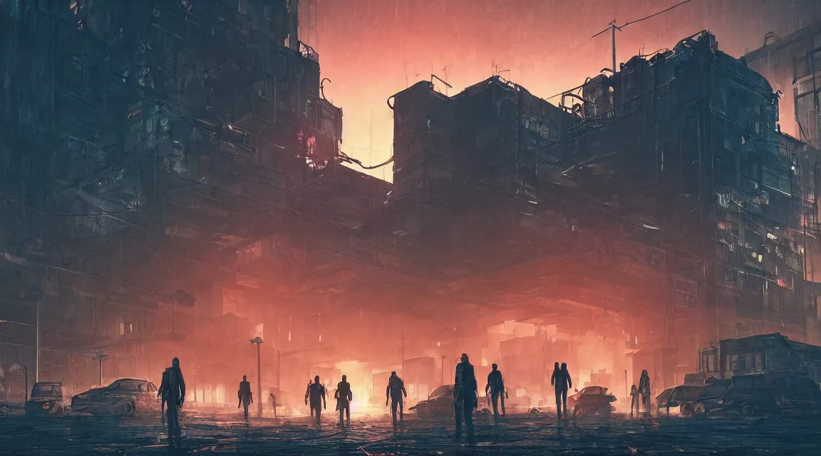 Prompt: The Last of Us city, Post apocalyptic factory at night time, dystopian style detailed digital art by Vladimir Manyukhin, trending on Artstation, outlined silhouettes, cloudy red sky, cyberpunk 2099 blade runner 2049 neon synthwave neon retro