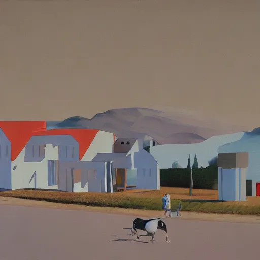 Image similar to dreaming futuristic rural landscape with modern houses, painted by Alex Katz and Edward Hopper, airbrush, highly detailed