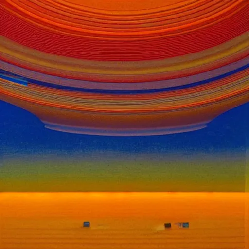 Prompt: Liminal space in outer space by Jean Giraud slightly influenced by Carlos Cruz-Diez and as a painting, there are two orangeish big planets on top of each other in the left side and more planets and stars in the background