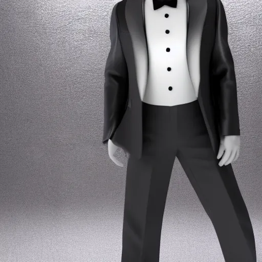 Image similar to 3 d render of a wolf as a gentleman wearing tuxedo on a studio shot, studio lighting, cinematic perspective, full hd