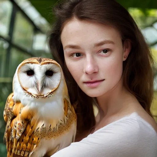 Image similar to amazing portrait photograph of beautiful young female model, symmetric face, symmetric eyes, slight smile, natural light,wearing a yellow kimono with a very detailed barn owl on her shoulder!!! in a tropical greenhouse. looking at the camera!!. super resolution. Extremely detailed. art by Rineke Dijkstra.