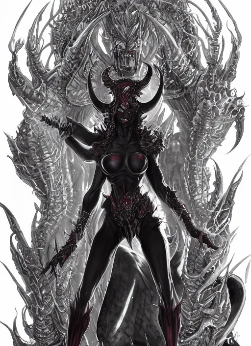 Prompt: a detailed full body demonic tiefling, queen of blades, by yusuke murata, by hiroya oku, trending on artstation