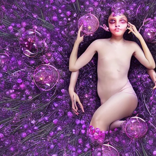 Prompt: a girl with three eyes : : on 5 translucent luminous spheres, full of floral and berry fillings, in an ocean of lavender color by rene margitte