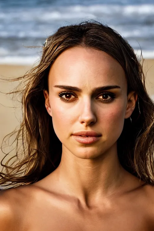 Image similar to a photo of a girl half Nathalie Portman half Jessica Alba, portrait at beach, 3/4 view, amber eyes, a shy face, Refined, Detailed professional photo, 50mm lens, Canon eos, soft an diffuse lights, autumn light, blurry distant background, Highly Detailed, Cinematic Lighting, Unreal Engine, 8k, HD