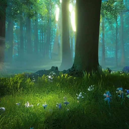 Prompt: unreal engine 5 mystical forest with teal ambient lighting and sunbeams, glowing blue flowers