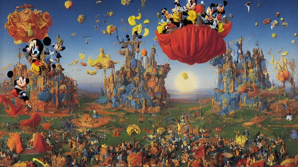 Prompt: mickey mouse surrounded by a single colorful! ( lovecraftian ) humanoid fungus tower white! clear empty sky, a high contrast!! ultradetailed photorealistic painting by jan van eyck, audubon, rene magritte, agnes pelton, max ernst, walton ford, andreas achenbach, ernst haeckel, hard lighting, masterpiece