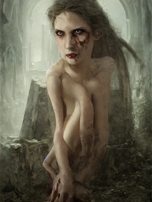 Prompt: A portrait of a female vampire in coffin on ruins,by Albert Lynch,Andrei Riabovitchev,,Gregory Crewdson,James Paick,Greg Rutkowski,aaron horkey,trending on pinterest,Blade Runner 2049,luxury,mythological,ultra realistic,high detail,golden ratio,cinematic lighting,maximalist