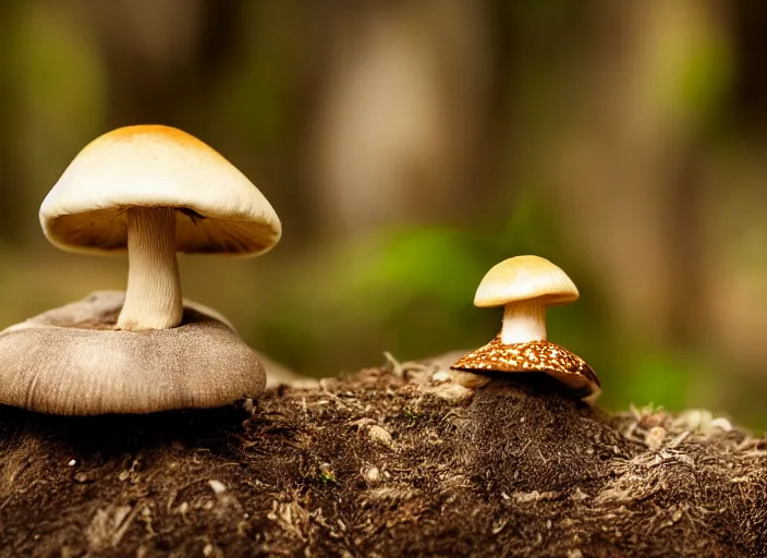 Prompt: a a cute creature sitting next to a mushroom, realistic, very detailed, complex, intricate, studio lighting, superres sharpening, bokeh, sigma 5 0 mm f 1. 4