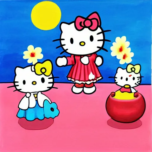Image similar to painting of hello kitty and her friends playing outside on a sunny day, by yoko shimizu, by sanrio