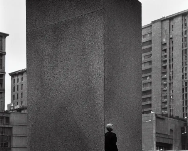 Image similar to by bruce davidson, andrew boog, mystical photography evocative. an fractal concrete brutalist carved sculpture, standing in a city center.