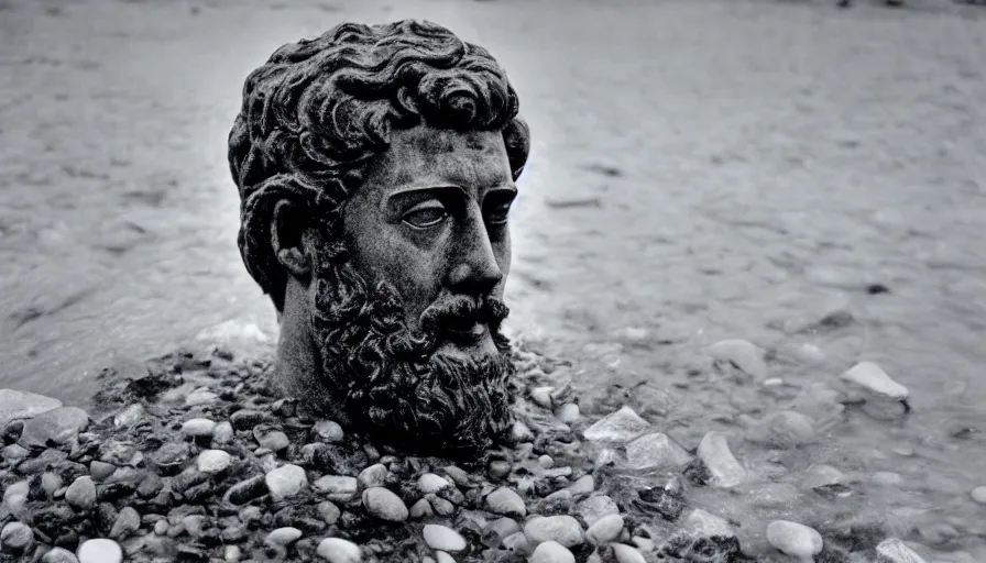 Prompt: 1 9 6 0 s movie still close up of marcus aurelius frozen to death in a river with gravel and pebbles, pine forests, cinestill 8 0 0 t 3 5 mm b & w, high quality, heavy grain, high detail, texture, dramatic light, anamorphic, hyperrealistic, foggy