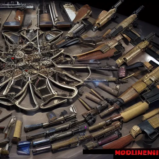 Image similar to kaleidoscope of machine guns, shotguns, rifles, revolvers, bullets, ultra-realistic, intricate details, 4k