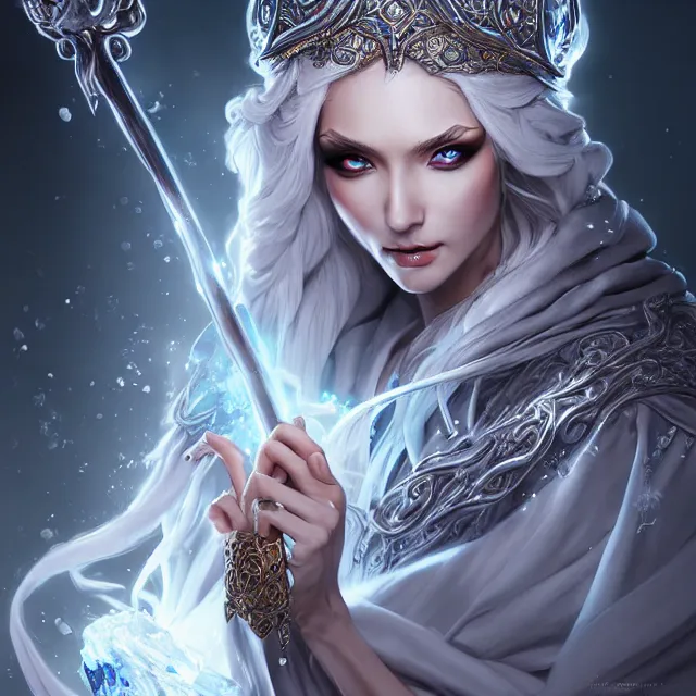 Image similar to beautiful elemental ice witch with ornate robes and staff, highly detailed, 4 k, hdr, smooth, sharp focus, high resolution, award - winning photo, artgerm, photorealistic