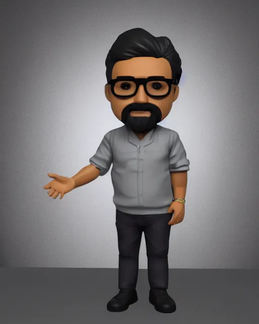 Prompt: full body 3 d render of middle aged indian man, grey! thin beard, small glasses, dark hair, as a full body funko pop!, studio lighting, grey background, single body, no shadow, blender, trending on artstation, 8 k, highly detailed