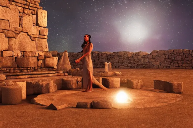 Image similar to Ġgantija megalithic temple complex malta priestess woman performing ritual at night druid fantasy art 3d render