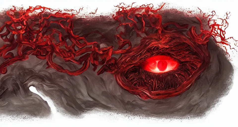 Image similar to a volcano made of ivory vines and crimson rocks enters in eruption, it spits a smoke in the shape of demonic eye, by D&D Concept Artists