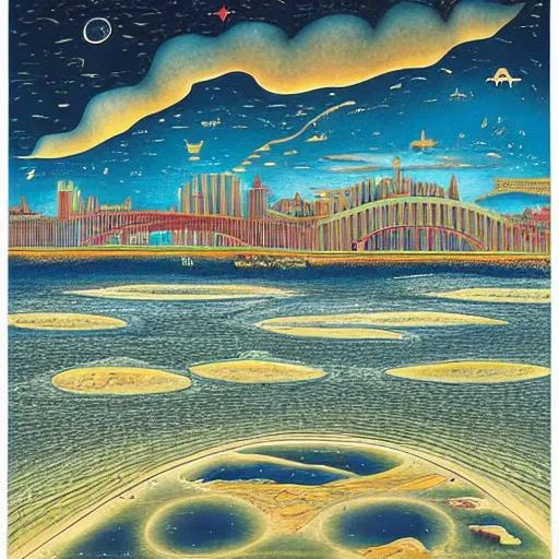 Prompt: The print shows a group of flying islands, each with its own unique landscape, floating in the night sky. The islands are connected by a network of bridges, and a small group of people can be seen walking along one of the bridges. by Ub Iwerks, by Rebeca Saray, by Judy Chicago balmy, monumental