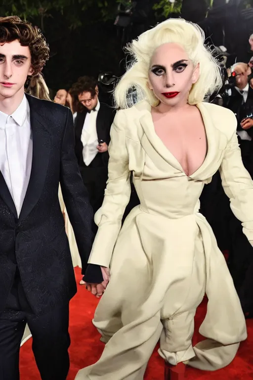 Prompt: timothee chalamet and lady gaga holding hands, beautiful detailed faces, canon eos, featured, flash lighting