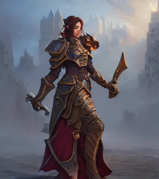 Image similar to battlemage, full armor, full body portrait, gentle, female, city landscape, d & d, fantasy, intricate, elegant, highly detailed, digital painting, red gold color palette, artstation, octane render, concept art, matte, sharp focus, illustration, hearthstone, art by artgerm and greg rutkowski and alphonse mucha