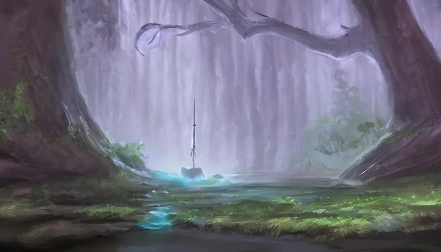 Image similar to sword stuck in a pond island, rainy enchanted forest of the ancients, moody high exposure, digital painting, concept art, photoshop speedpaint