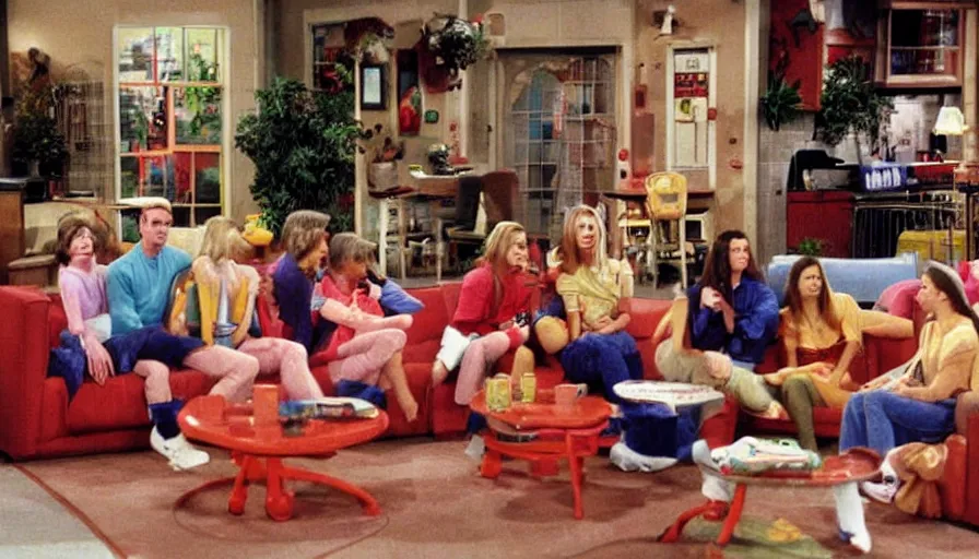 Prompt: 1990s photo of inside the Friends Show themed roller coaster at Universal Studios in Orlando, Florida, people riding a sofa coaster through the Friends apartments , cinematic, UHD