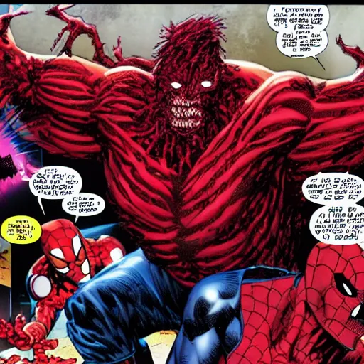 Prompt: marvel\'s carnage gives out food to the homeless, high quality comic picture, hyper detailed, hyper realistic