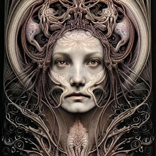 Image similar to detailed realistic beautiful calaveras death goddess face portrait by jean delville, gustave dore, iris van herpen and marco mazzoni, art forms of nature by ernst haeckel, art nouveau, symbolist, visionary, gothic, neo - gothic, pre - raphaelite, fractal lace, intricate alien botanical biodiversity, porcelain, hyperdetailed ultrasharp octane render