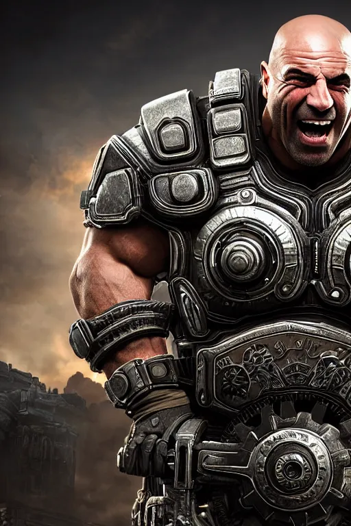 Prompt: Joe Rogan as a muscular Gears of War character laughing, photorealism, half body, HDR ambient background, unreal engine 5, hyperrealistic, highly detailed, XF IQ4, 150MP, 50mm, F1.4, ISO 200, 1/160s, cinematic lights, Adobe Lightroom, photolab, Affinity Photo, PhotoDirector 365, realistic