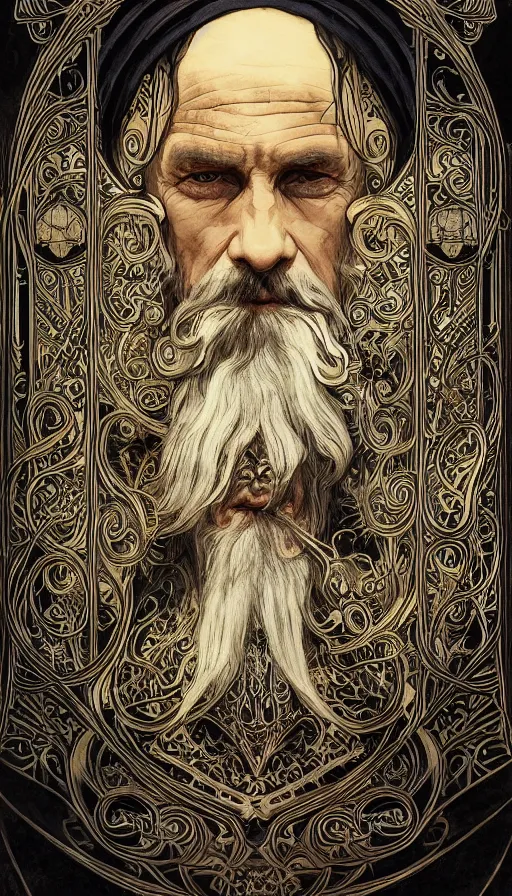 Image similar to one old man wore a black cloak, a black cloak and a white beard, highly detailed, very intricate, art nouveau, gold filigree, left right symmetry, tarot concept art watercolor illustration by mandy jurgens and alphonse mucha and alena aenami, featured on artstation