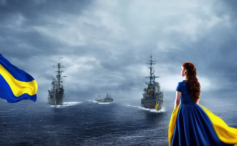 Image similar to cinematic shot from behind of a beautiful girl in national blue and yellow dress with beautiful hair standing against and facing a huge realistic detailed Russian warship on the horizon. She is ready to fight. Ukrainian flag on the left side, concept art, сinematic lighting, insanely detailed, smooth, sharp focus, Artstation, 8k, unreal engine, hyper realistic, steampunk style, bright background, moonlight, volumetric lighting, wallpaper, digital illustration by Ruan Jia and Mandy Jurgens and Artgerm and Wayne Barlowe and Greg Rutkowski and Zdislav Beksinski