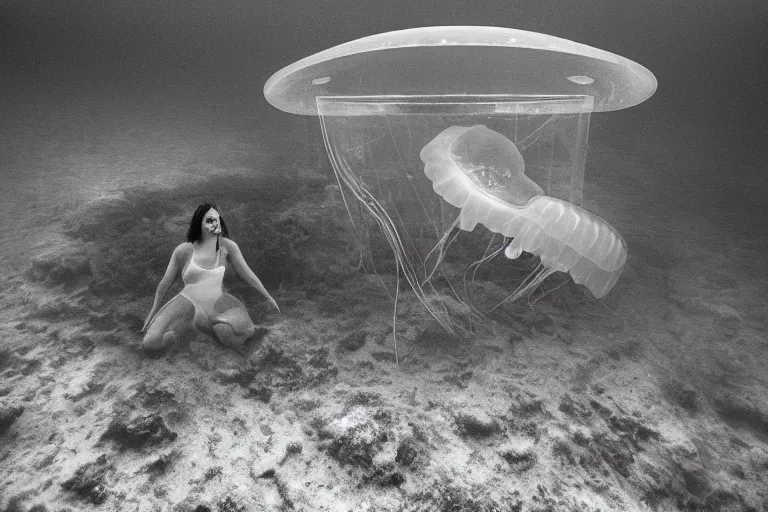 Image similar to high-angle view of a Ukrainian lush female jellyfish human hybrid wearing vacuum tube amp roman armor and transparent amber neck guard with transparent digital number readout floating in front of face, sitting inside of an underwater airport terminal with a large submarines in the horizon silt rising from the seabed floor, filing cabinets in the sand, ektachrome color photograph, volumetric lighting, off-camera flash, 24mm f8 aperture