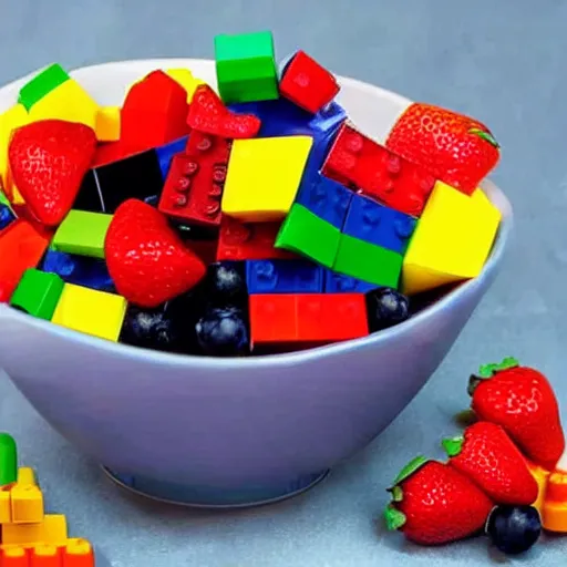 Prompt: A bowl of fruit made of lego blocks.