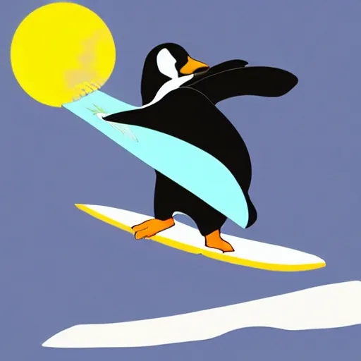 Image similar to penguin surfing on a big eave using an ice floe as surfboard, trending on artstation