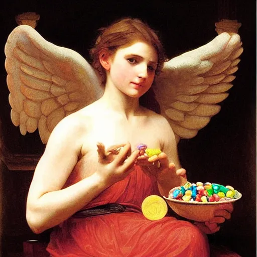 Prompt: an oil painting of an angel inside a theater eating M&M candies, by Bouguereau, highly realistic and intricate