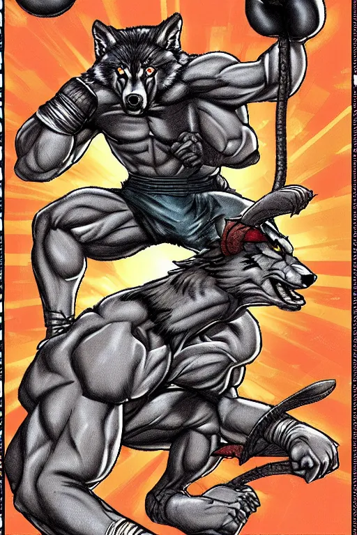 Image similar to extreme long shot. 8 bit nes graphics. antropomorphic muscular masculine wolf. kickboxer fighter, in shorts. wolf head. furr on body. like game contra.