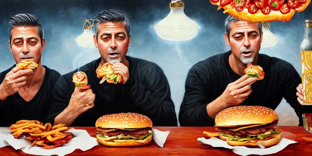 Prompt: detailed full body concept art illustration oil painting of Brad Pitt and George Clooney enjoying eating hamburgers, extra ketchup, bacon lettuce and tomatos, oriental art nouveau, frock, mid body, radiant halo of light, black gold smoke ink, man covered in sliced tomatos and onions, peter mohrbacher, artgerm