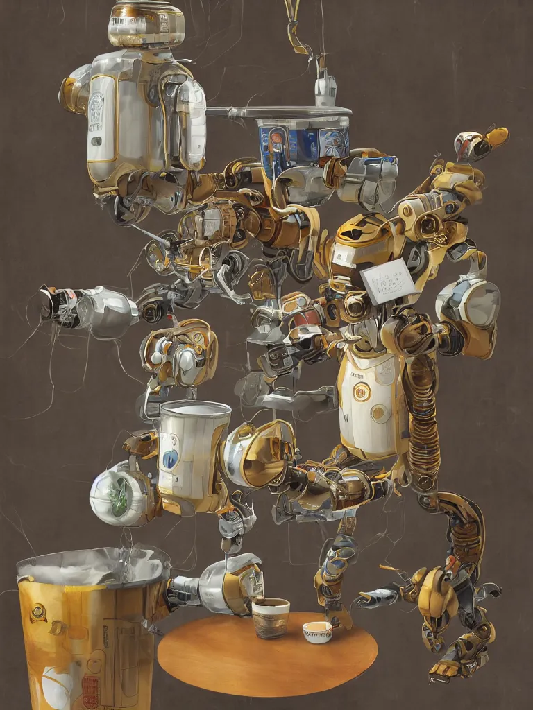 Image similar to half-length portrait of my friendly empatic robot offering a fresh cup of hot coffee to my friends, small sharp focus on coffee cup, by Simon Stalenhaag, by Yoshita Amano, by Esao Andrews, deviantart, 4K