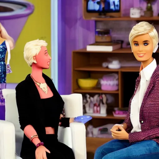 Prompt: barbie jeffrey epstein guest appearance on the elen degeneres show, plastic mannequins with cone shaped heads in the crowd, highly detailed facial expressions