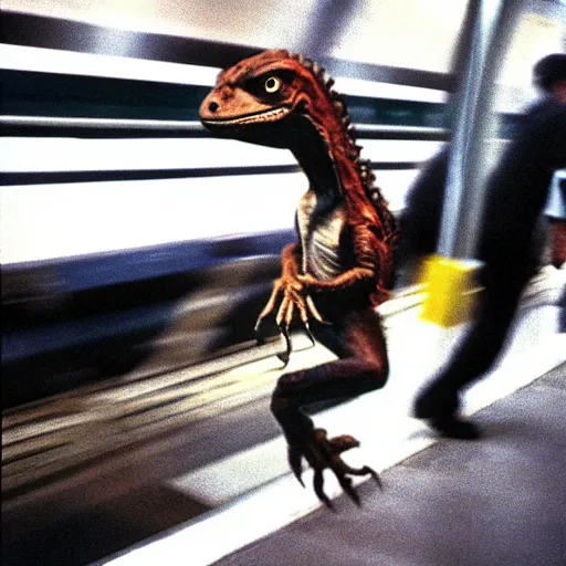 Prompt: a velociraptor riding the subway, new york, 1 9 9 0