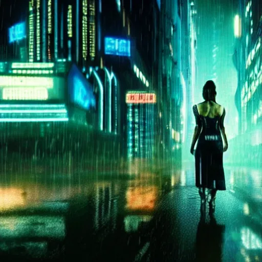 Prompt: jennifer connelly starring in a cyberpunk movie in a distopic futuristic city in the style of bladerunner, movie still, highly detailed, rainy night, volumetric lights, dramatic, scifi, sharp focus