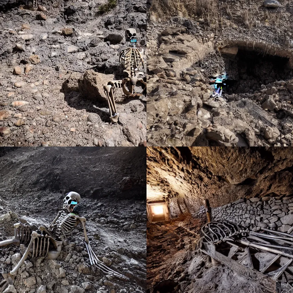 Prompt: A skeleton in abandoned mine, the mine has torches illuminating the humid rocks on its borders