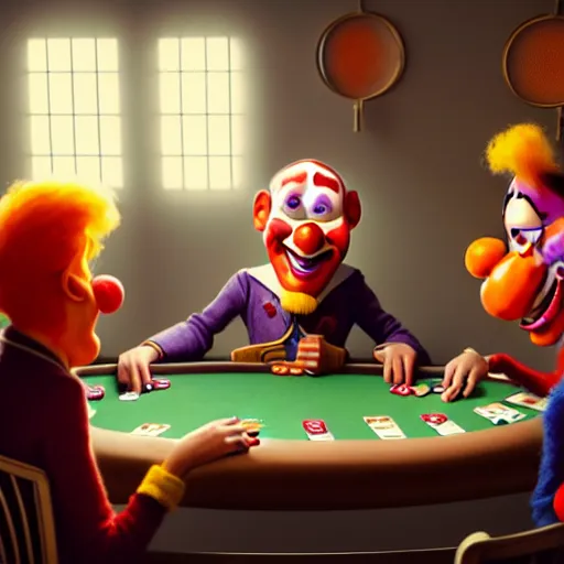 Prompt: pixar clowns playing poker, smiling maniacally | glamorous oily soft polished rich ornate modern | weta disney pixar movie still photo | hi - fructose, sci fi fantasy, smooth, octane render, sharp focus, artstation, concept art | artgerm, mucha, rutkowski, feng zhu, wlop, loish