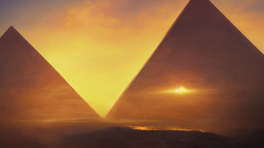 Prompt: Trending on artstation, beautiful pyramid with golden tip illuminated by the sunset, detailed matte painting, oil on canvas