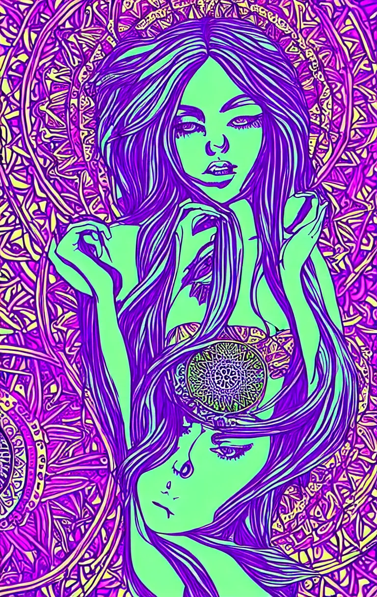 Image similar to beautiful hippie girl illustration, closeup in bikini over psychedelic sacred geometry hallucination
