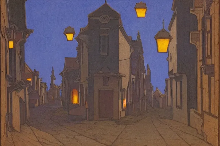 Image similar to winding street at twilight in a very old city by George Price Boyce and Nicholas Roerich and jean delville, glowing paper lanterns, strong dramatic cinematic lighting , ornate tiled architecture, lost civilizations, smooth, sharp focus, extremely detailed